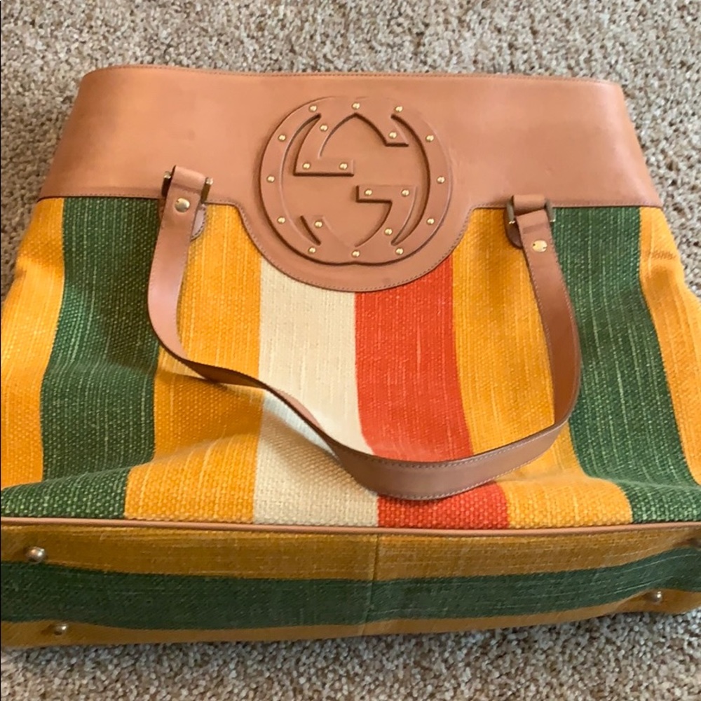 GUCCI Canvas Striped Studded Blondie Tote